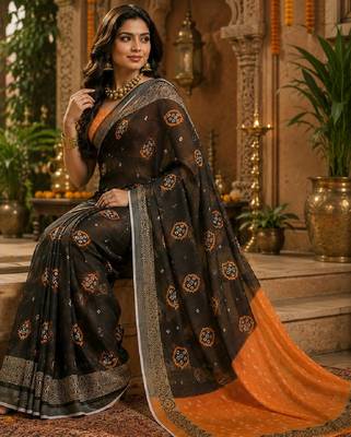Black orange linen digital print work saree with unstitched blouse piece 1