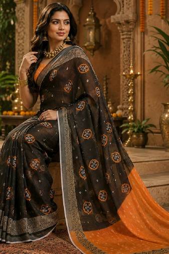 Black orange linen digital print work saree with unstitched blouse piece