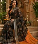 Black orange linen digital print work saree with unstitched blouse piece