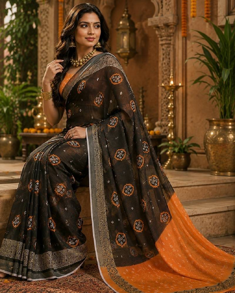 Black orange linen digital print work saree with unstitched blouse piece
