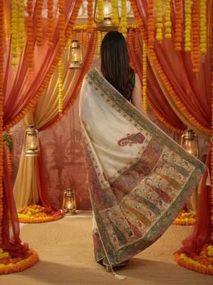 Off white viscose silk position print saree with contrast blouse piece 5