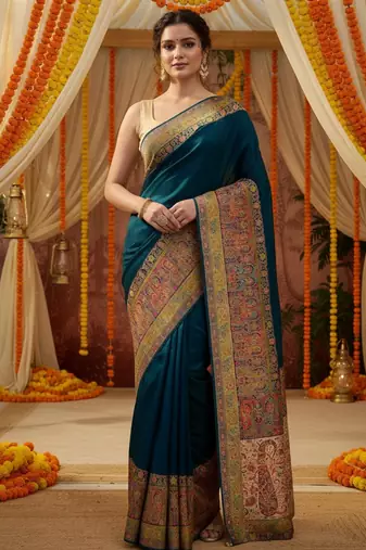 Teal viscose silk position print saree with contrast blouse piece