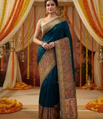 Teal viscose silk position print saree with contrast blouse piece
