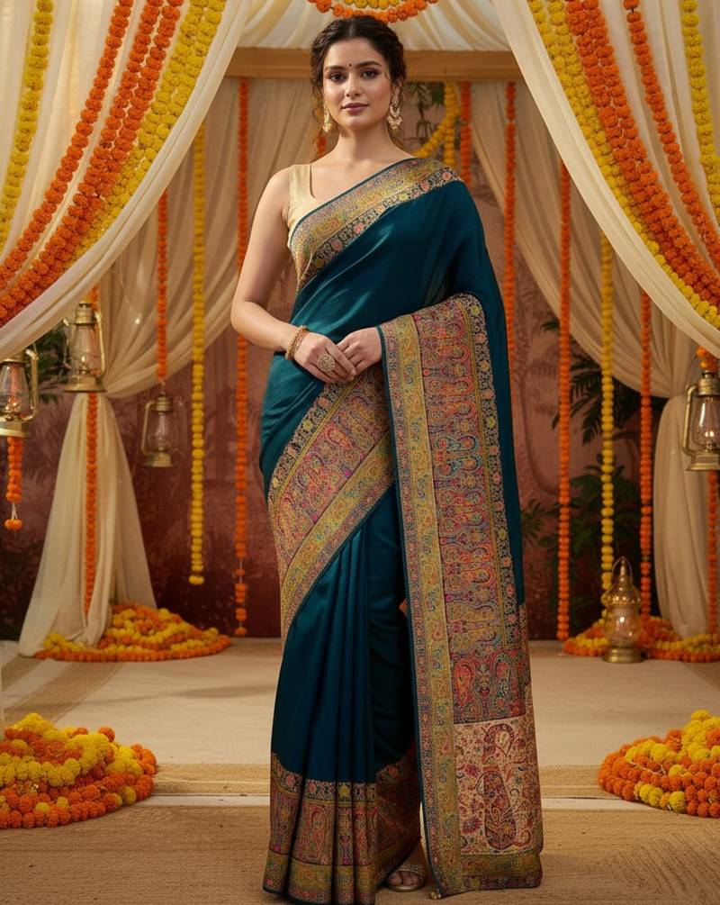 Teal viscose silk position print saree with contrast blouse piece