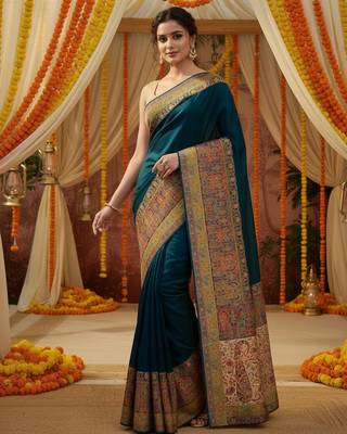 Teal viscose silk position print saree with contrast blouse piece 2