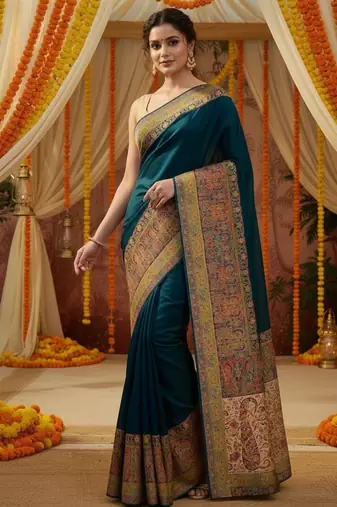 Teal viscose silk position print saree with contrast blouse piece