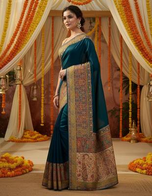 Teal viscose silk position print saree with contrast blouse piece 3