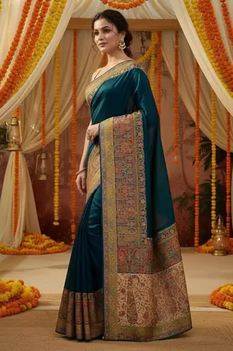 Teal viscose silk position print saree with contrast blouse piece