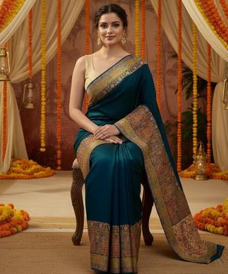 Teal viscose silk position print saree with contrast blouse piece 4