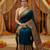 Teal viscose silk position print saree with contrast blouse piece