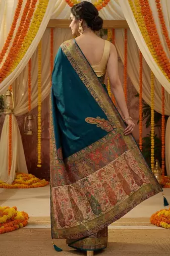 Teal viscose silk position print saree with contrast blouse piece