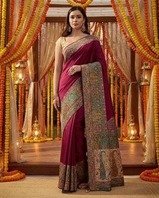 Magenta viscose silk position print saree with contrast blouse piece 1