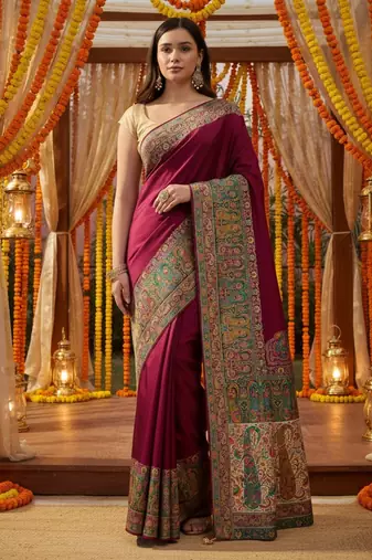 Magenta viscose silk position print saree with contrast blouse piece