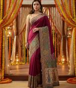 Magenta viscose silk position print saree with contrast blouse piece