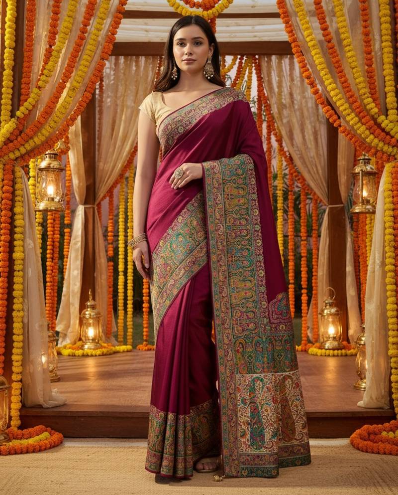 Magenta viscose silk position print saree with contrast blouse piece