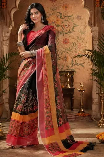 Black red linen digital print work saree with unstitched blouse piece