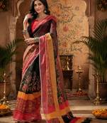 Black red linen digital print work saree with unstitched blouse piece