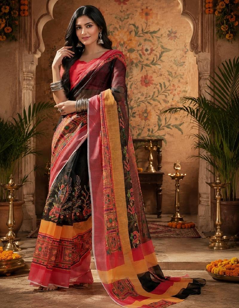 Black red linen digital print work saree with unstitched blouse piece