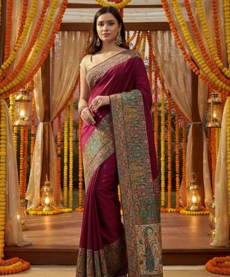 Magenta viscose silk position print saree with contrast blouse piece 2