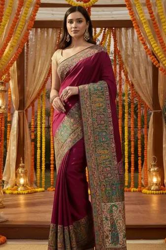 Magenta viscose silk position print saree with contrast blouse piece