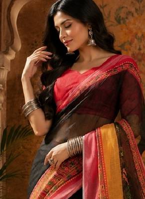 Black red linen digital print work saree with unstitched blouse piece 2