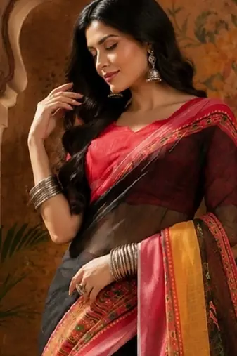 Black red linen digital print work saree with unstitched blouse piece