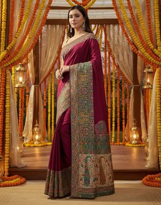 Magenta viscose silk position print saree with contrast blouse piece 3