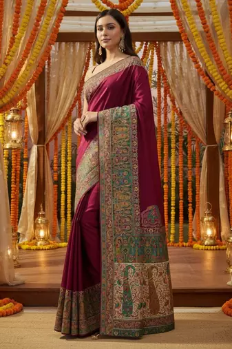 Magenta viscose silk position print saree with contrast blouse piece