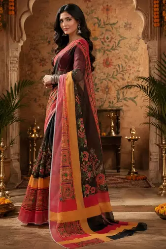 Black red linen digital print work saree with unstitched blouse piece