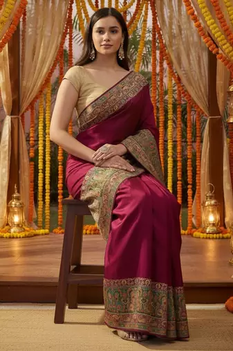 Magenta viscose silk position print saree with contrast blouse piece