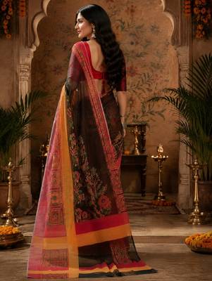Black red linen digital print work saree with unstitched blouse piece 4