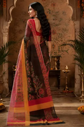 Black red linen digital print work saree with unstitched blouse piece