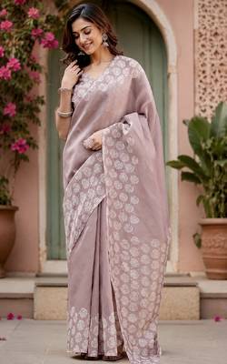 Dusty onion linen digital print work saree with unstitched blouse piece 1