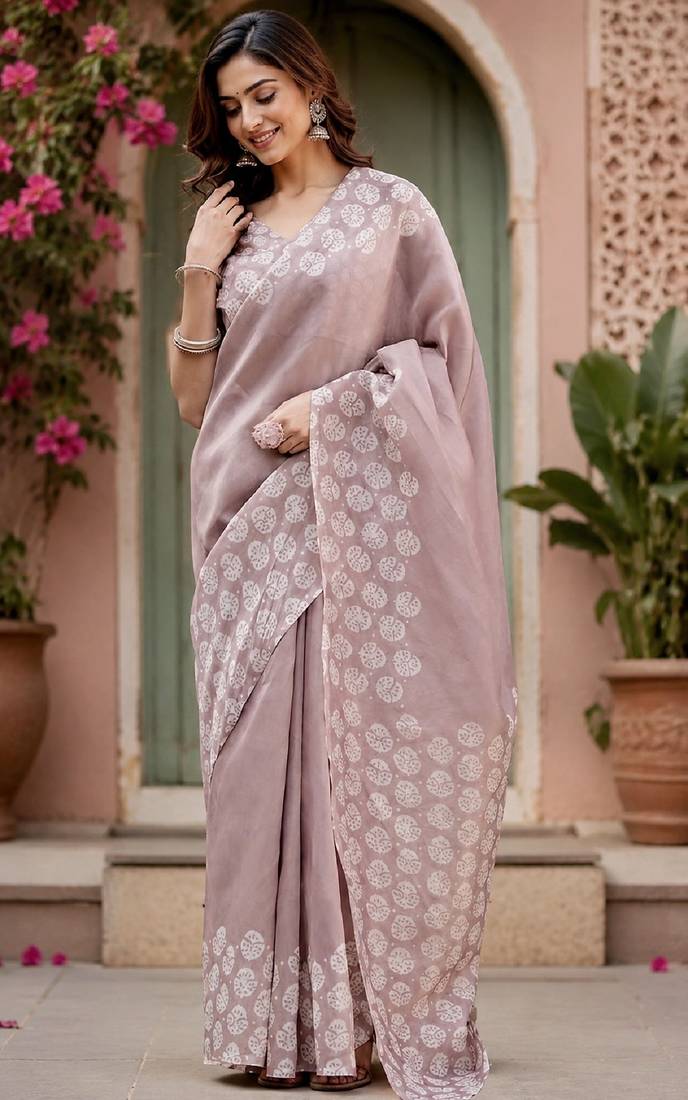Dusty onion linen digital print work saree with unstitched blouse piece