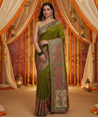 Green viscose silk position print saree with contrast blouse piece 1