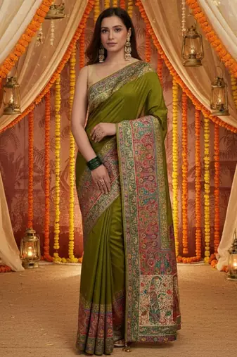 Green viscose silk position print saree with contrast blouse piece