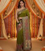 Green viscose silk position print saree with contrast blouse piece
