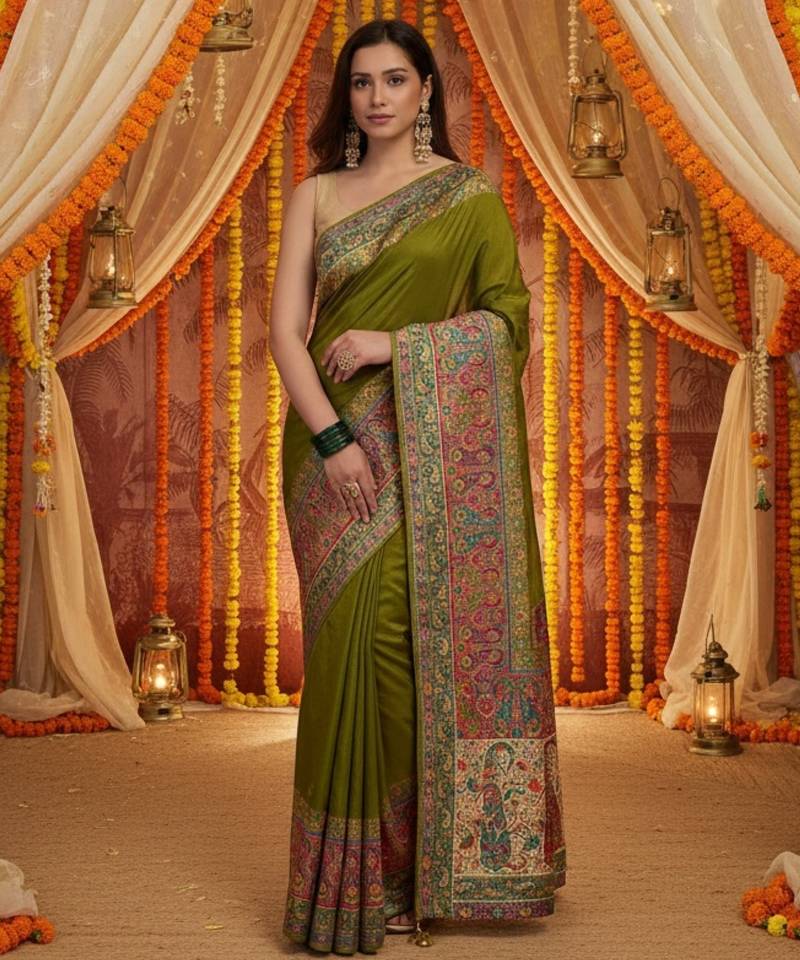 Green viscose silk position print saree with contrast blouse piece