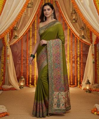 Green viscose silk position print saree with contrast blouse piece 2