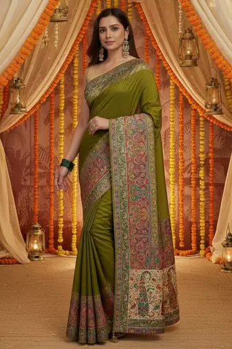 Green viscose silk position print saree with contrast blouse piece