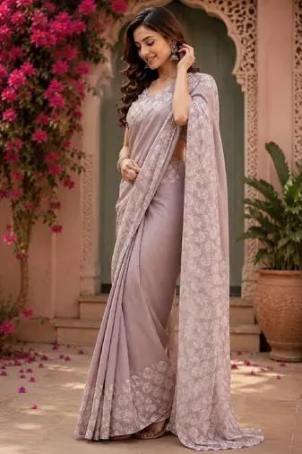 Dusty onion linen digital print work saree with unstitched blouse piece