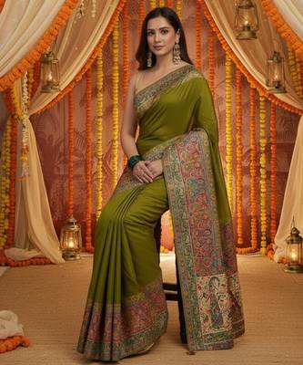 Green viscose silk position print saree with contrast blouse piece 3