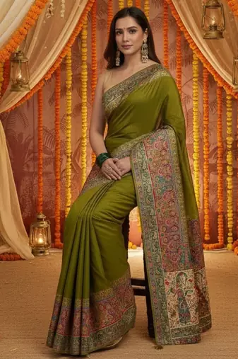 Green viscose silk position print saree with contrast blouse piece