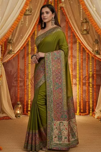 Green viscose silk position print saree with contrast blouse piece