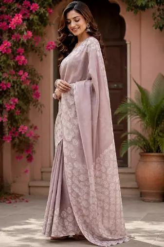 Dusty onion linen digital print work saree with unstitched blouse piece