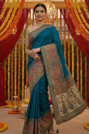 Blue viscose silk position print saree with contrast blouse piece