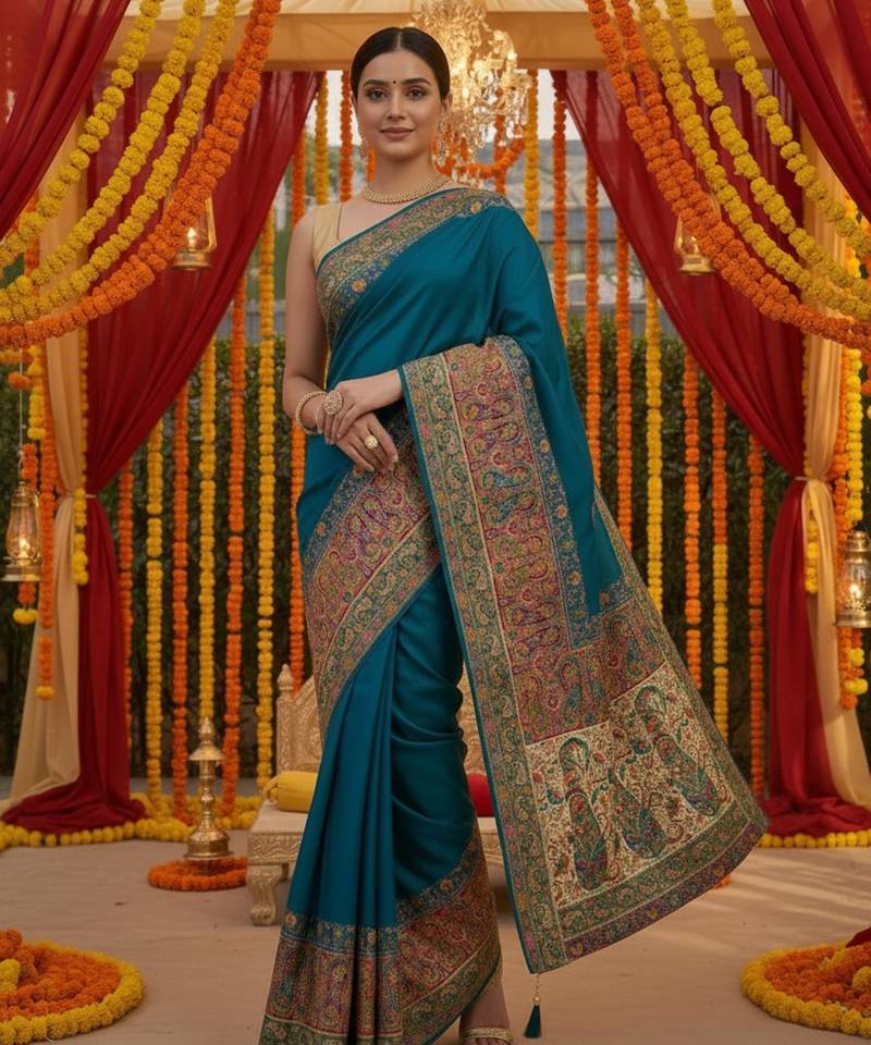 Blue viscose silk position print saree with contrast blouse piece