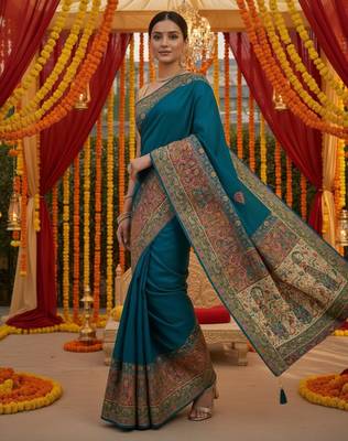 Blue viscose silk position print saree with contrast blouse piece 2