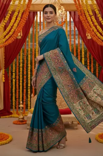 Blue viscose silk position print saree with contrast blouse piece
