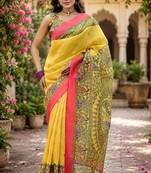 Yellow linen digital print work saree with unstitched blouse piece